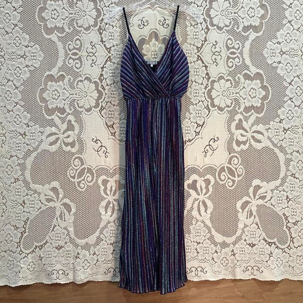 Charlotte Russe Rainbow Striped Glitter Jumpsuit with Stripes and Flare Pants